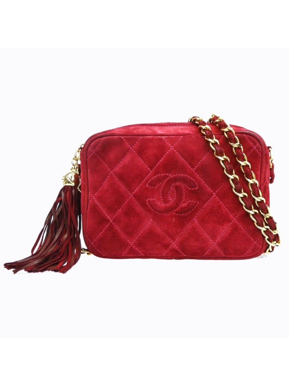 Chanel Quilted Fringe Chain Shoulder Bag Wine Red Suede Leather